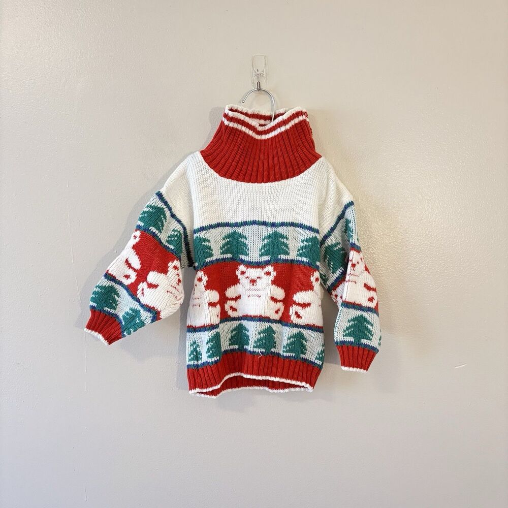 Vintage 3T Unisex Sweater Knit Teddy Bear Red Green White Fair Isle Holiday